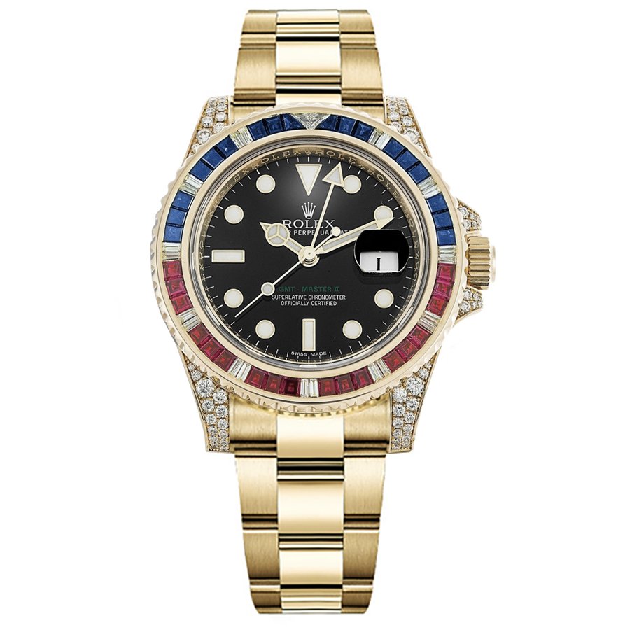 Replica Rolex GMT-Master II Gelbgold Steinbesatz Saphirbesatz Rubinbesatz Schwarz Zifferblatt 116758 SARU Replica Rolex GMT-Master II Gelbgold Steinbesatz Saphirbesatz Rubinbesatz Schwarz Zifferblatt 116758 SARU