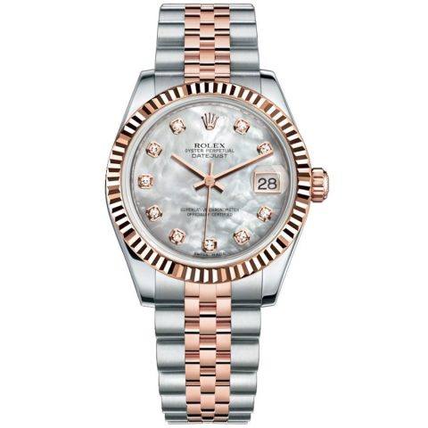 Replica Rolex Datejust 31 Everose-Rolesor Geriffelte Lünette Jubilee 178271 Perlmutt Steinbesatz Zifferblatt