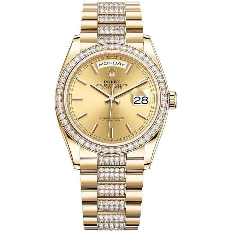 Replica Rolex Day-Date 36 Gelbgold Lünette mit Steinbesatz President-Armband 128348rbr-0027 Replica Rolex Day-Date 36 Gelbgold Lünette mit Steinbesatz President-Armband 128348rbr-0027