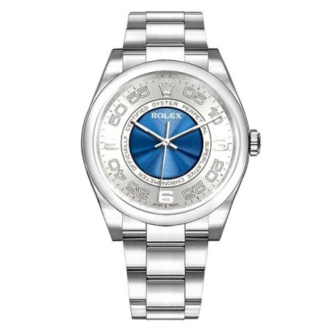 Replica Rolex Oyster Perpetual Silberfarben und Blau Zifferblatt Arabische Ziffern 116000