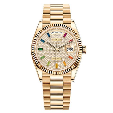 Replica Rolex Day-Date Damen Steinbesatz 10 baguette rainbow Saphirbesatz 128238